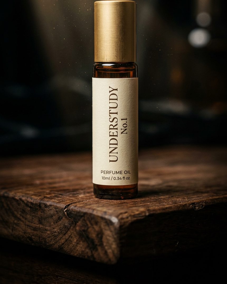 UNDERSTUDY №1 — amber roll-on perfume oil under a stage spotlight